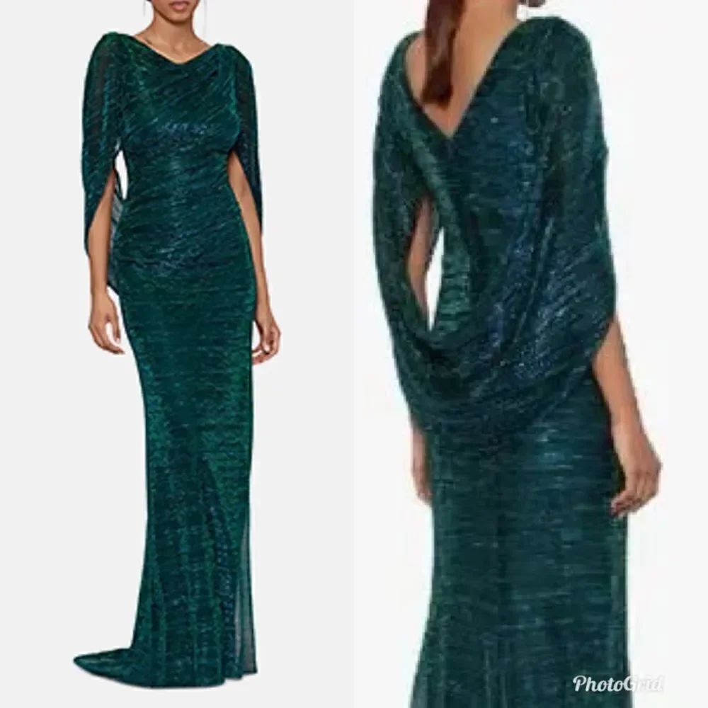 Revolve Betsy & Adam Metallic Jade Green Cape-Sleeve Gown